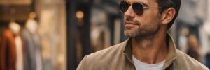 Homme élégant portant une veste en daim observant une tendance de mode en ville, illustrant le dilemme entre suivre la mode et préserver son style après 30 ans.