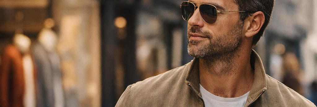 Homme élégant portant une veste en daim observant une tendance de mode en ville, illustrant le dilemme entre suivre la mode et préserver son style après 30 ans.