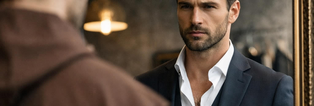 Homme élégant en costume se regardant dans un miroir, illustrant l’expression « l’habit ne fait pas le moine »