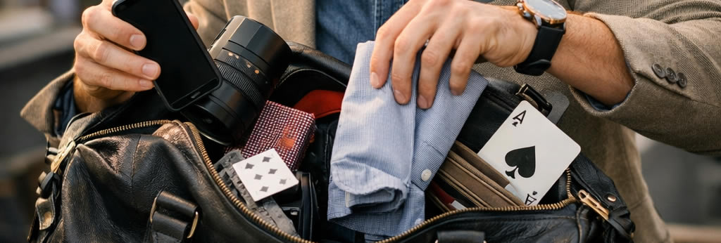Homme élégant sortant plusieurs objets d’un sac, symbole de l’expression avoir plus d’un tour dans son sac