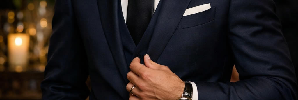 Homme élégant en costume sombre, parfaitement habillé pour une occasion formelle, illustrant l’expression être sur son trente-et-un