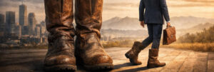 Homme élégant face à une grande paire de bottes en cuir symbolisant la responsabilité et la succession