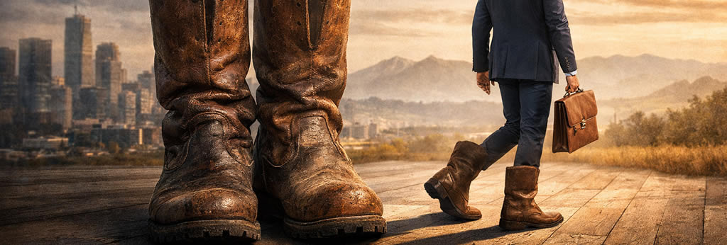 Homme élégant face à une grande paire de bottes en cuir symbolisant la responsabilité et la succession