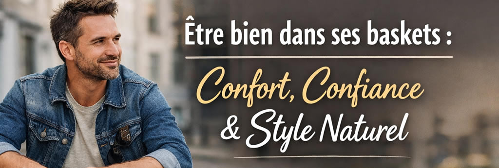 Homme d’une quarantaine d’années assis en ville, portant une tenue décontractée avec baskets blanches, illustrant le confort, la confiance et le style naturel masculin