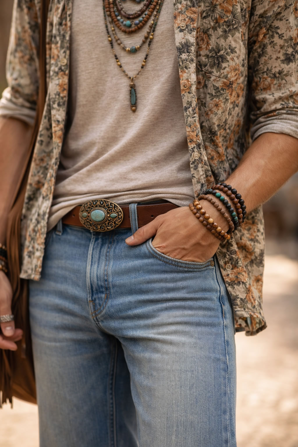 détail style hippie homme chemise fleur jean flare accessoires bohème