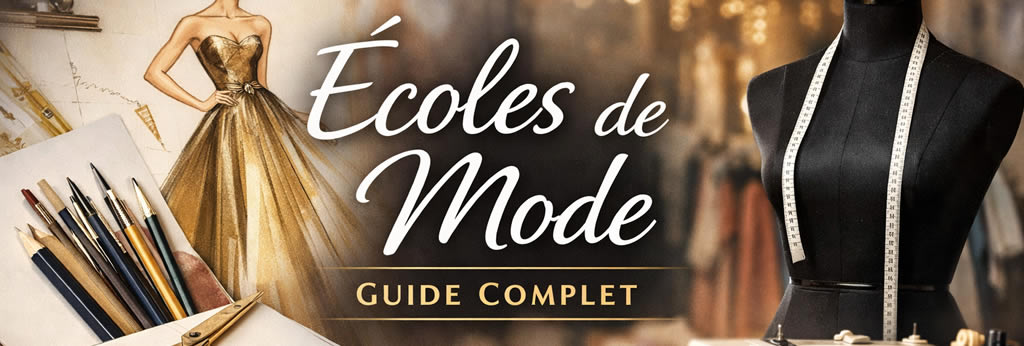 Illustration d’une école de mode avec mannequin couture, machine à coudre et croquis de stylisme pour formation mode