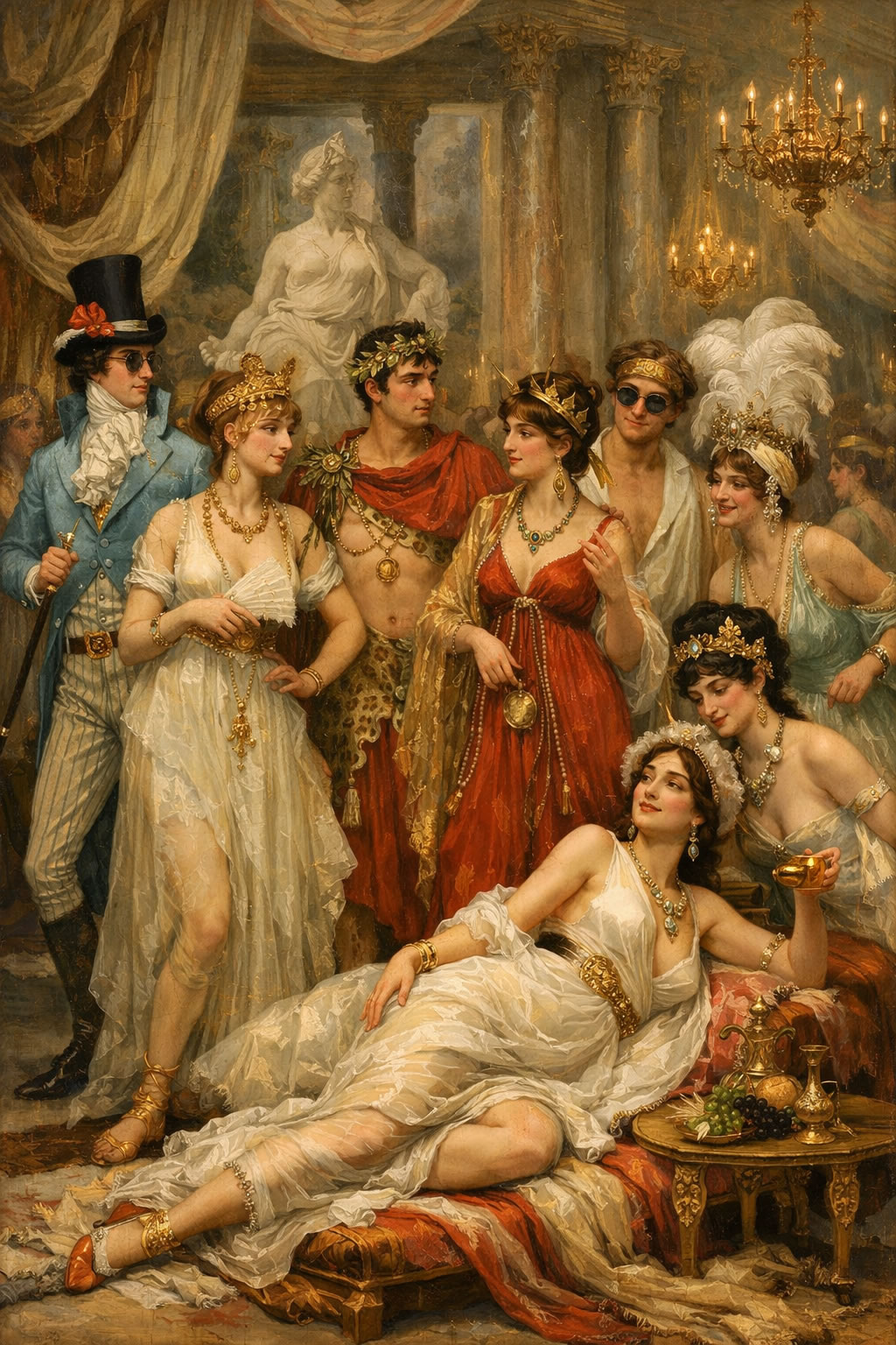 Incroyables et Merveilleuses en tenues antiques et extravagantes pendant le Directoire après la Révolution française