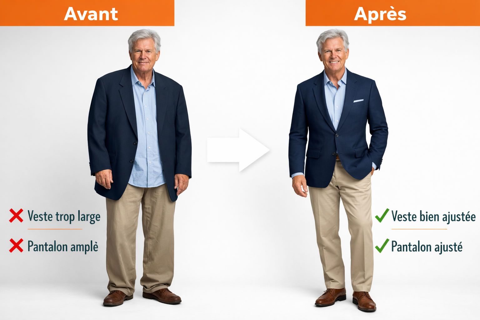 look homme 60 ans avant après veste trop large vs coupe ajustée blazer chino