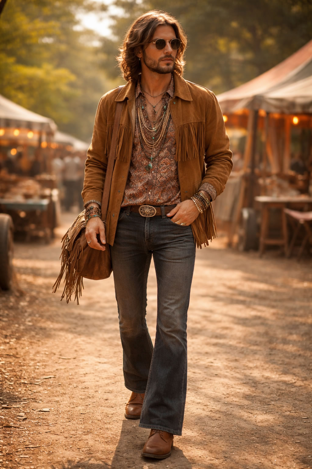 look rock hippie homme veste franges jean flare style vintage