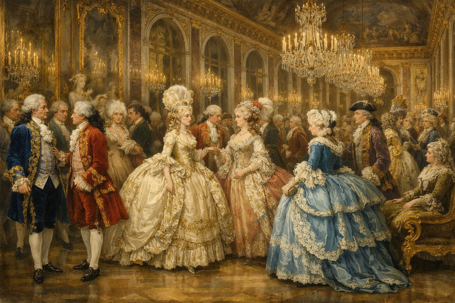 Noblesse à Versailles portant habit à la française et robes à panier symbolisant le luxe de l’Ancien Régime