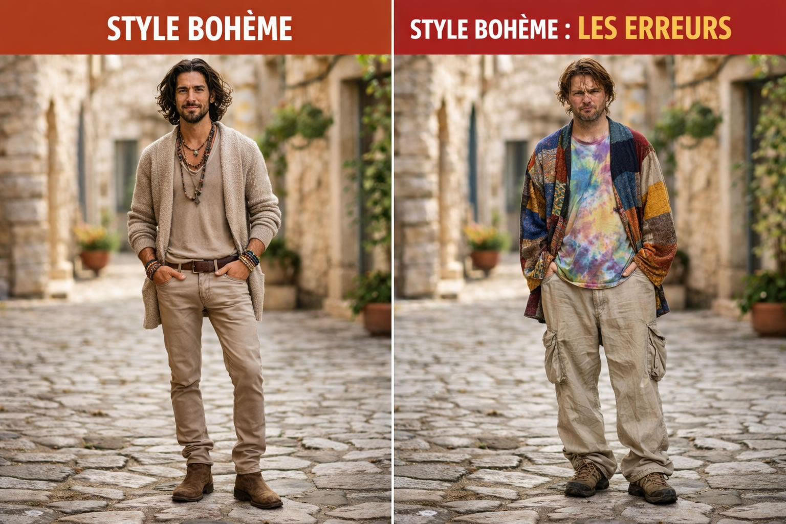 comparaison style bohème homme réussi et style bohème avec erreurs vêtements amples mal maîtrisés