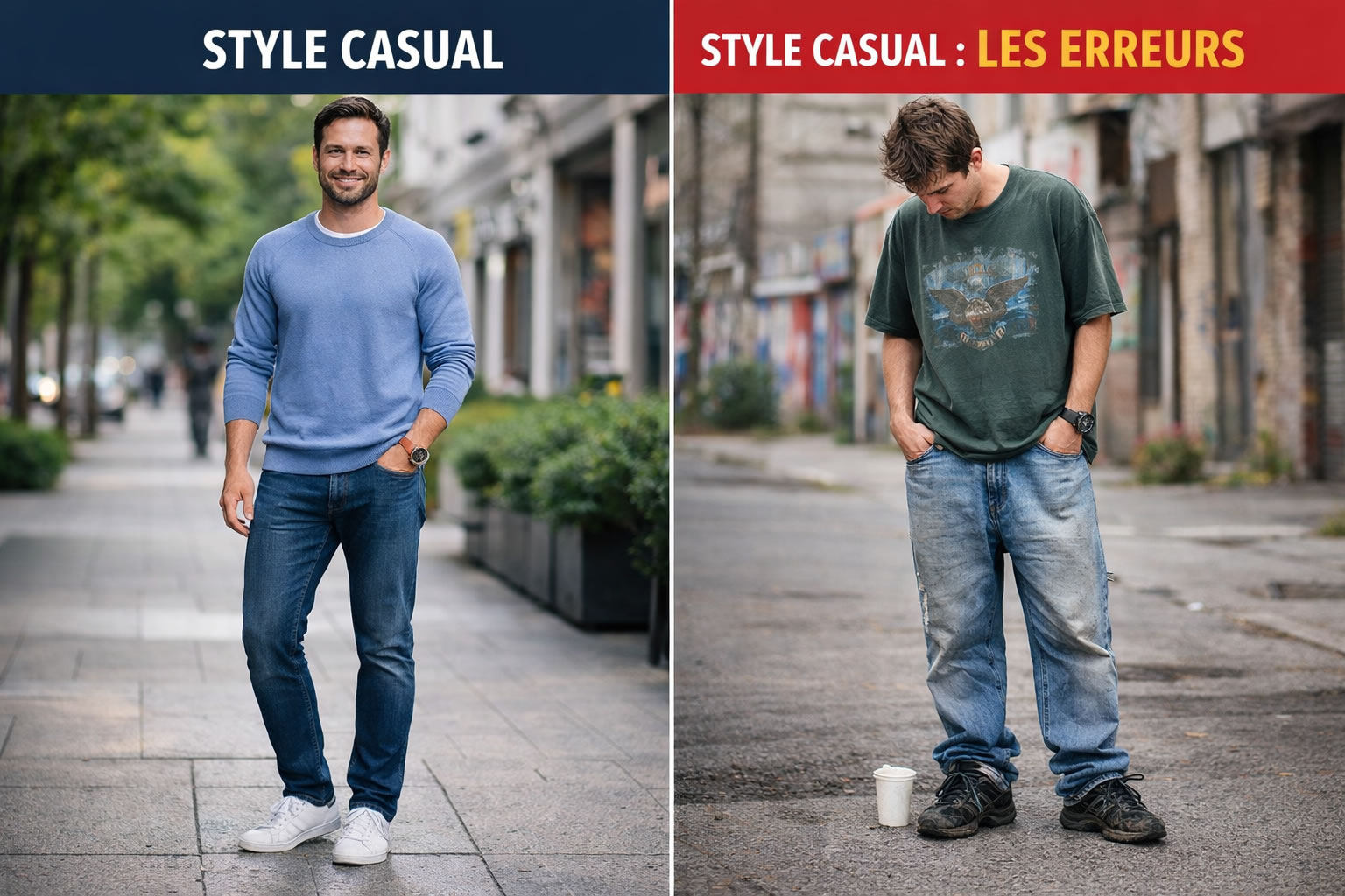 comparaison style casual homme réussi et erreurs à éviter tenue décontractée homme bien habillée vs négligée