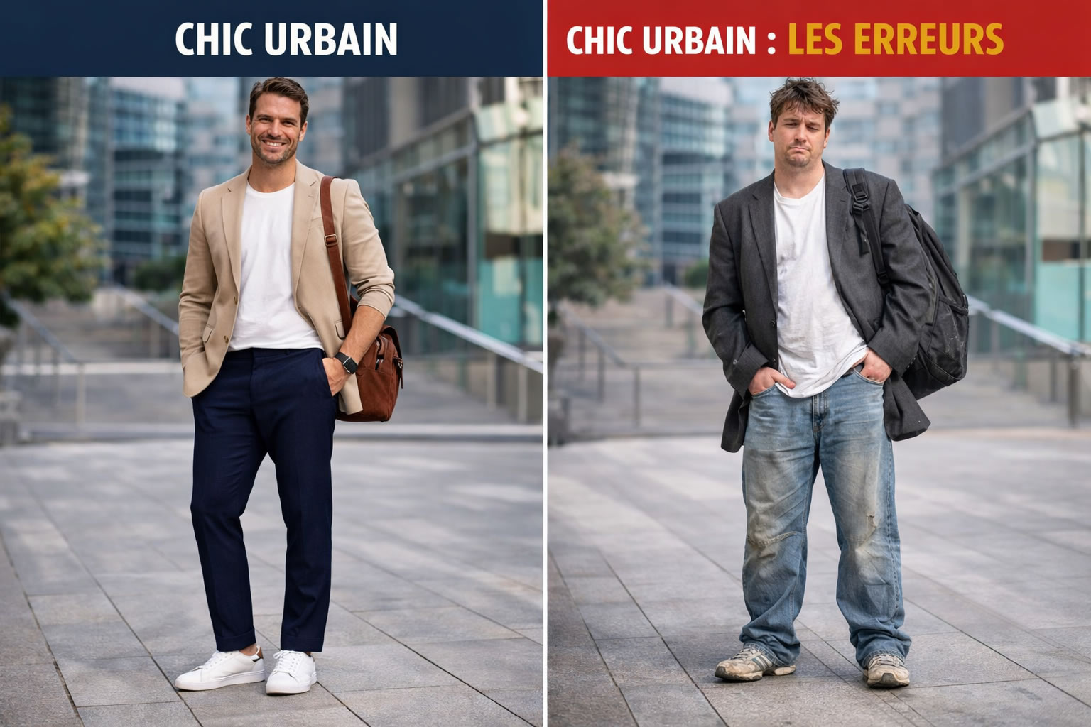 comparaison style chic urbain homme réussi et erreurs look chic urbain homme mal maîtrisé