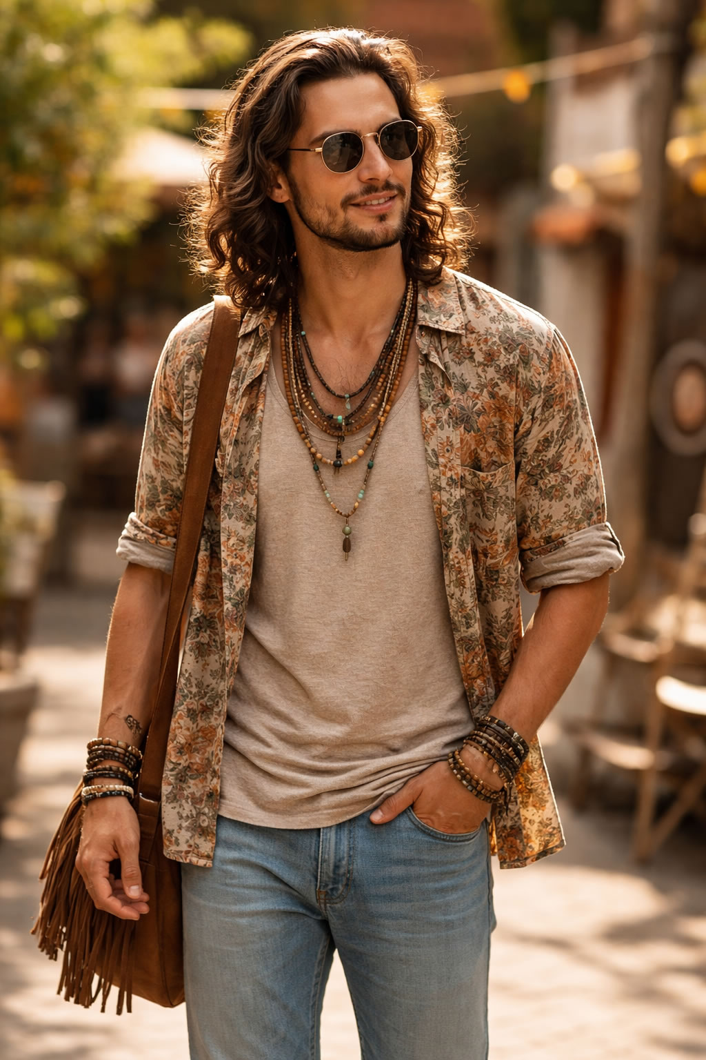 style hippie homme moderne avec chemise à fleurs et jean délavé