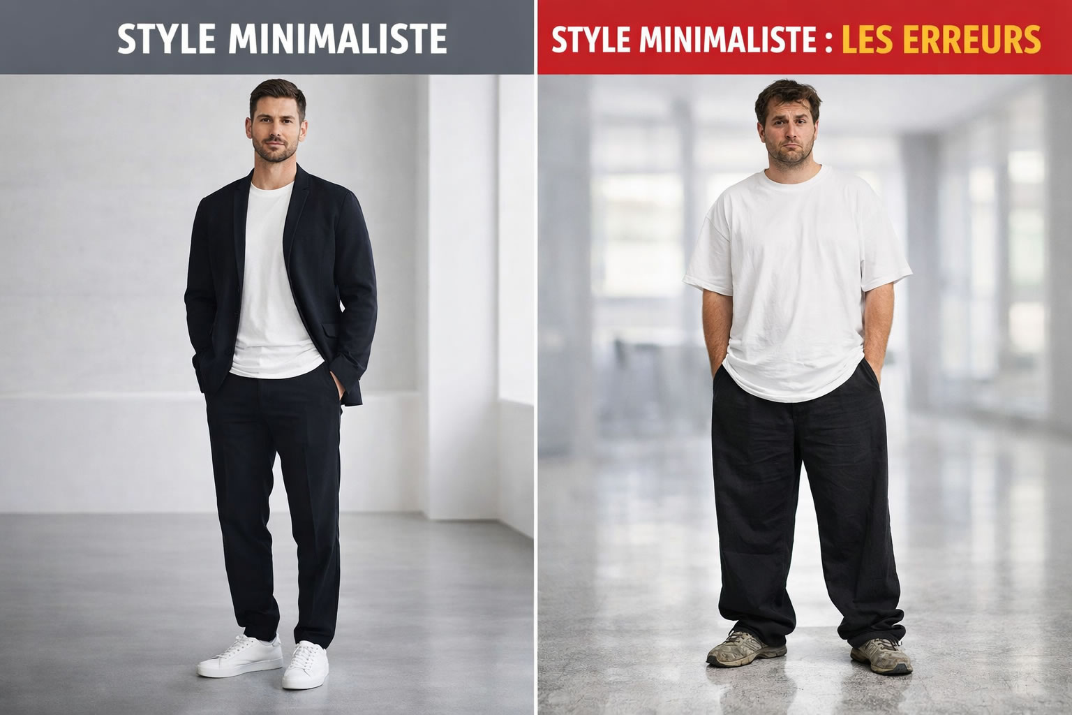 comparaison style minimaliste homme réussi et erreurs minimalisme vêtements homme coupe et tenue