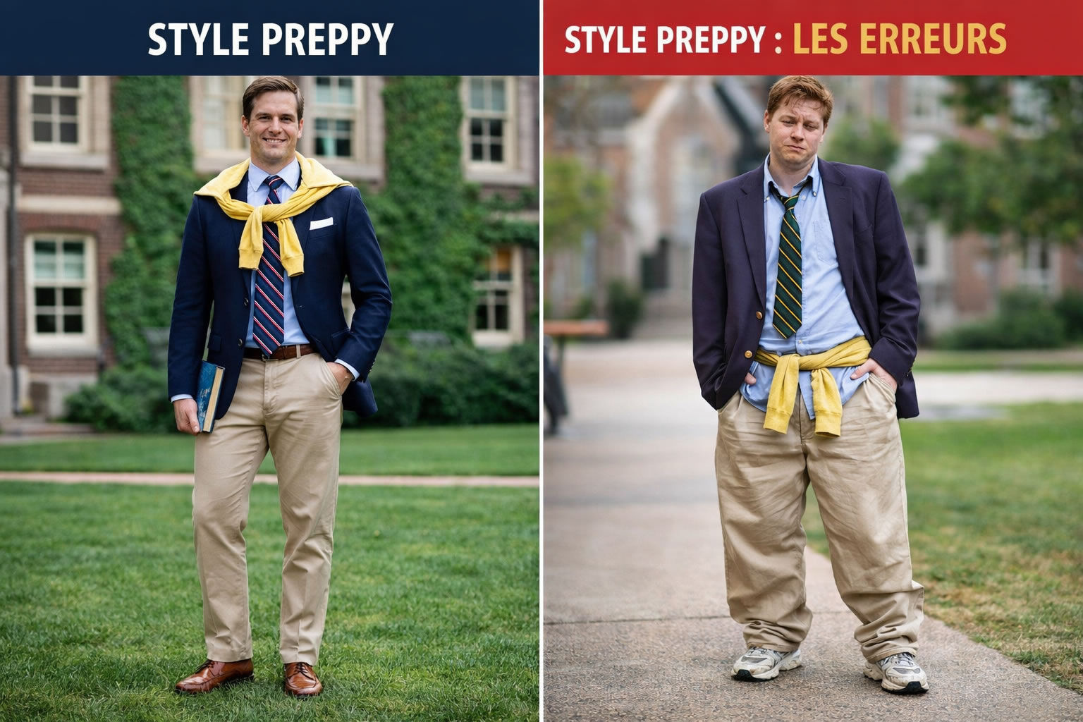 comparaison style preppy homme réussi et style preppy avec erreurs tenue mal ajustée et associations incorrectes