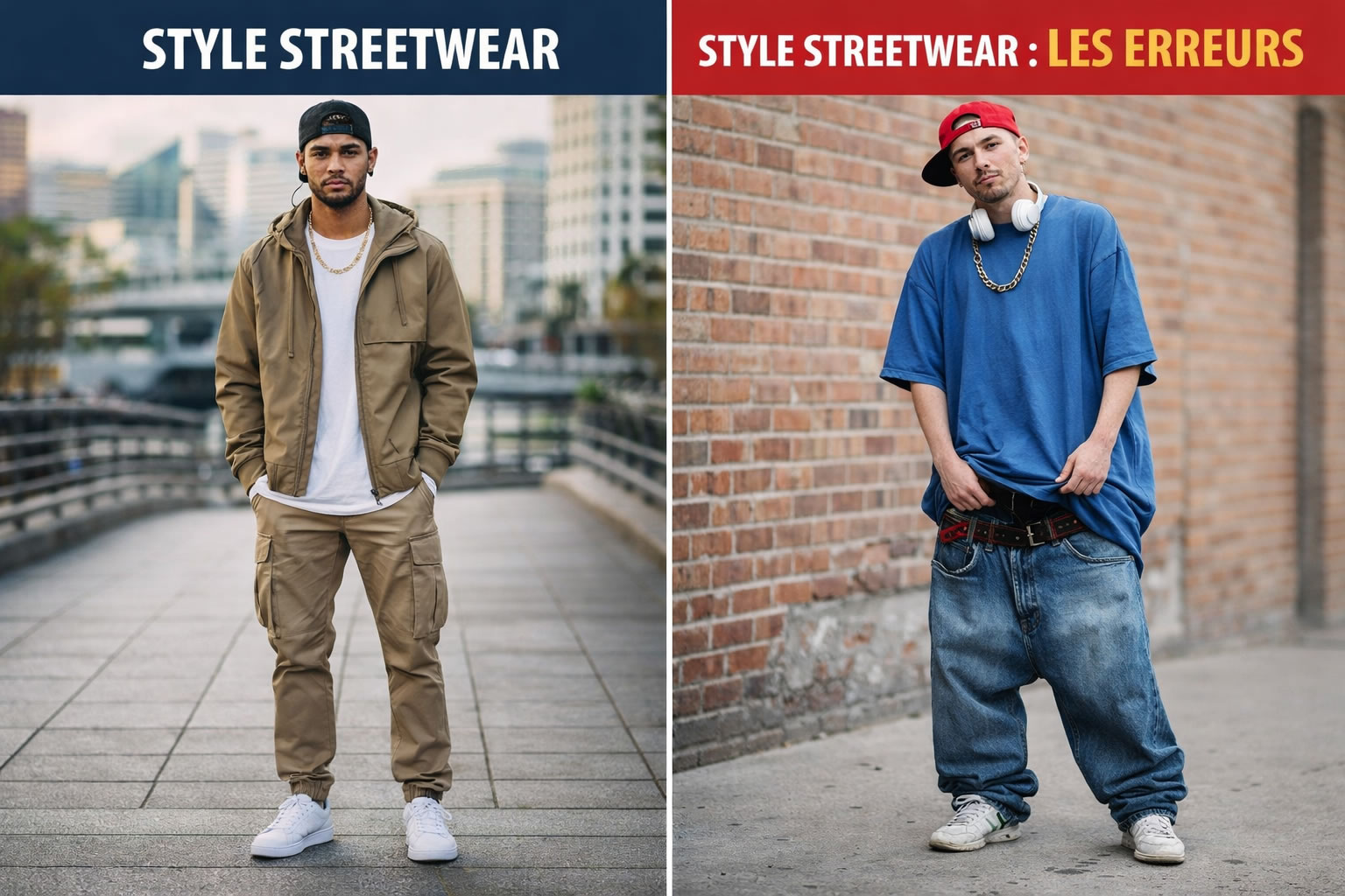 comparaison style streetwear homme réussi et erreurs streetwear tenue homme hoodie sneakers pantalon ample