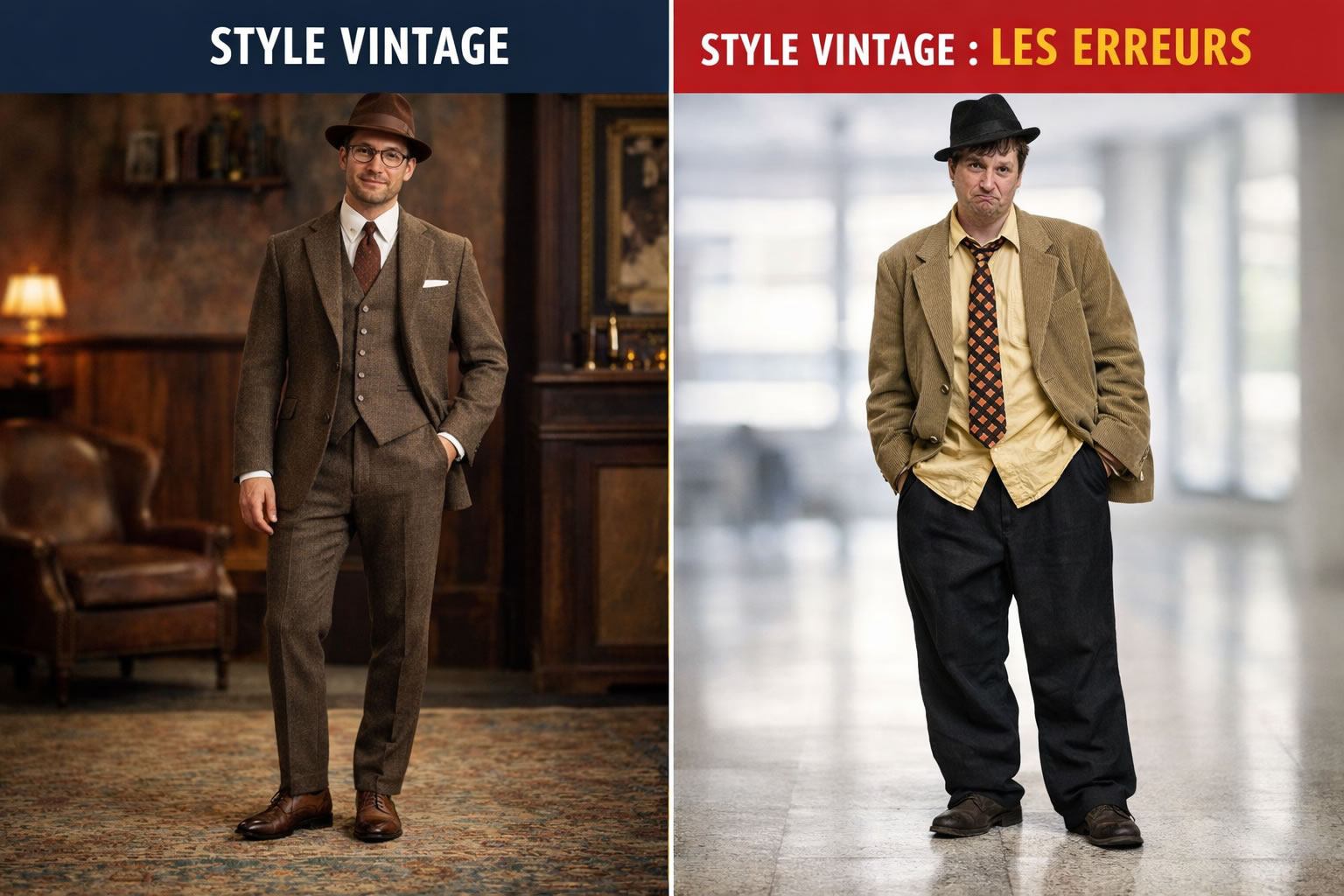 comparaison style vintage homme réussi et erreurs de style vintage homme avec tenue rétro bien maîtrisée et look déséquilibré