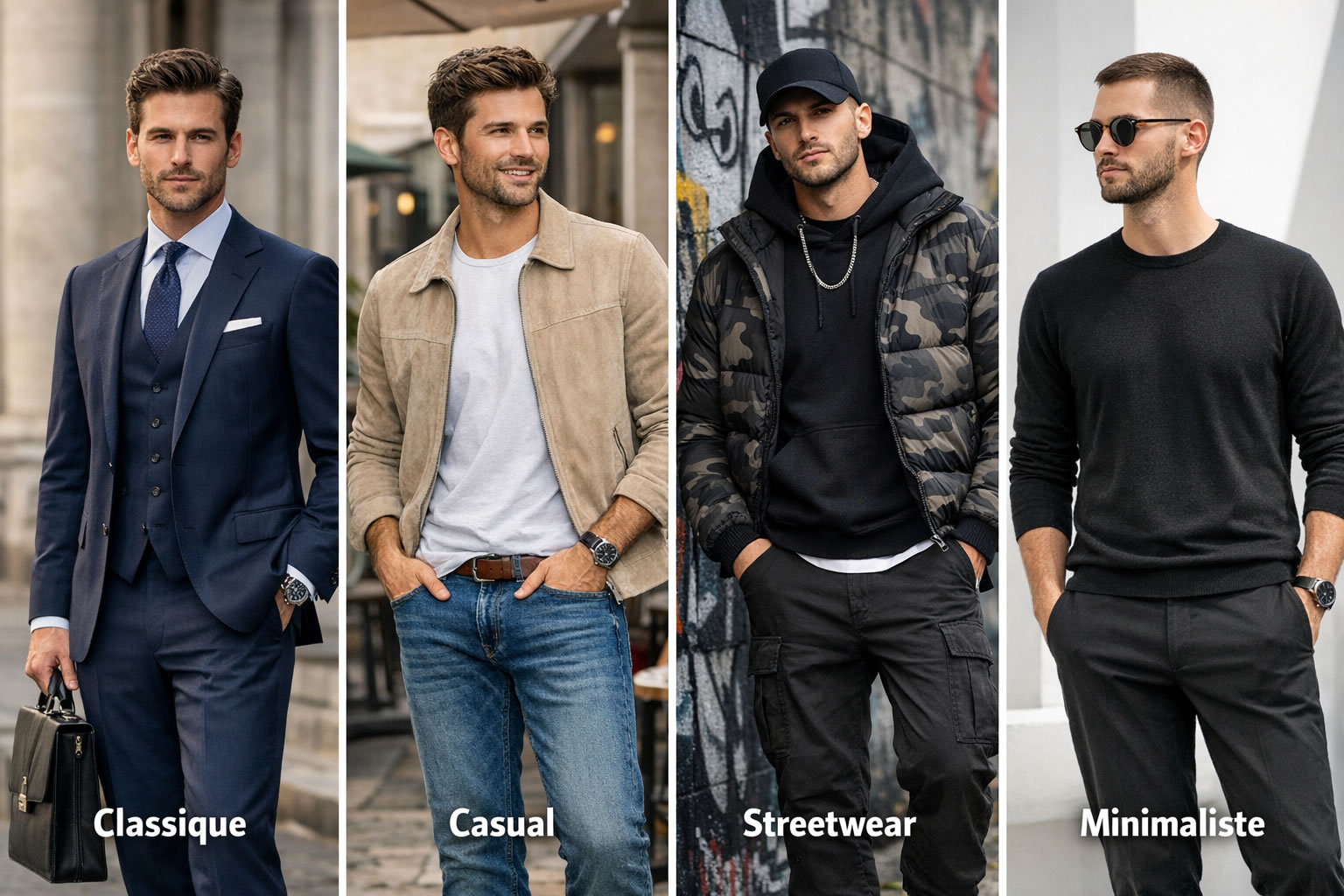 Exemples de styles vestimentaires homme : tenue classique en costume, look casual avec jean, style streetwear urbain et style minimaliste sobre