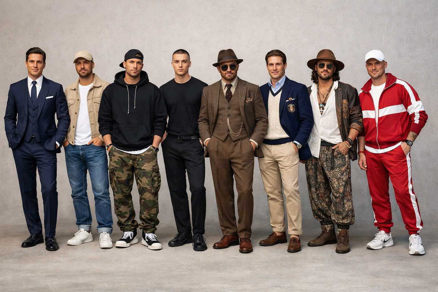 hommes portant différents styles vestimentaires : classique, casual, streetwear, minimaliste, vintage, preppy, bohème, chic urbain et sportswear