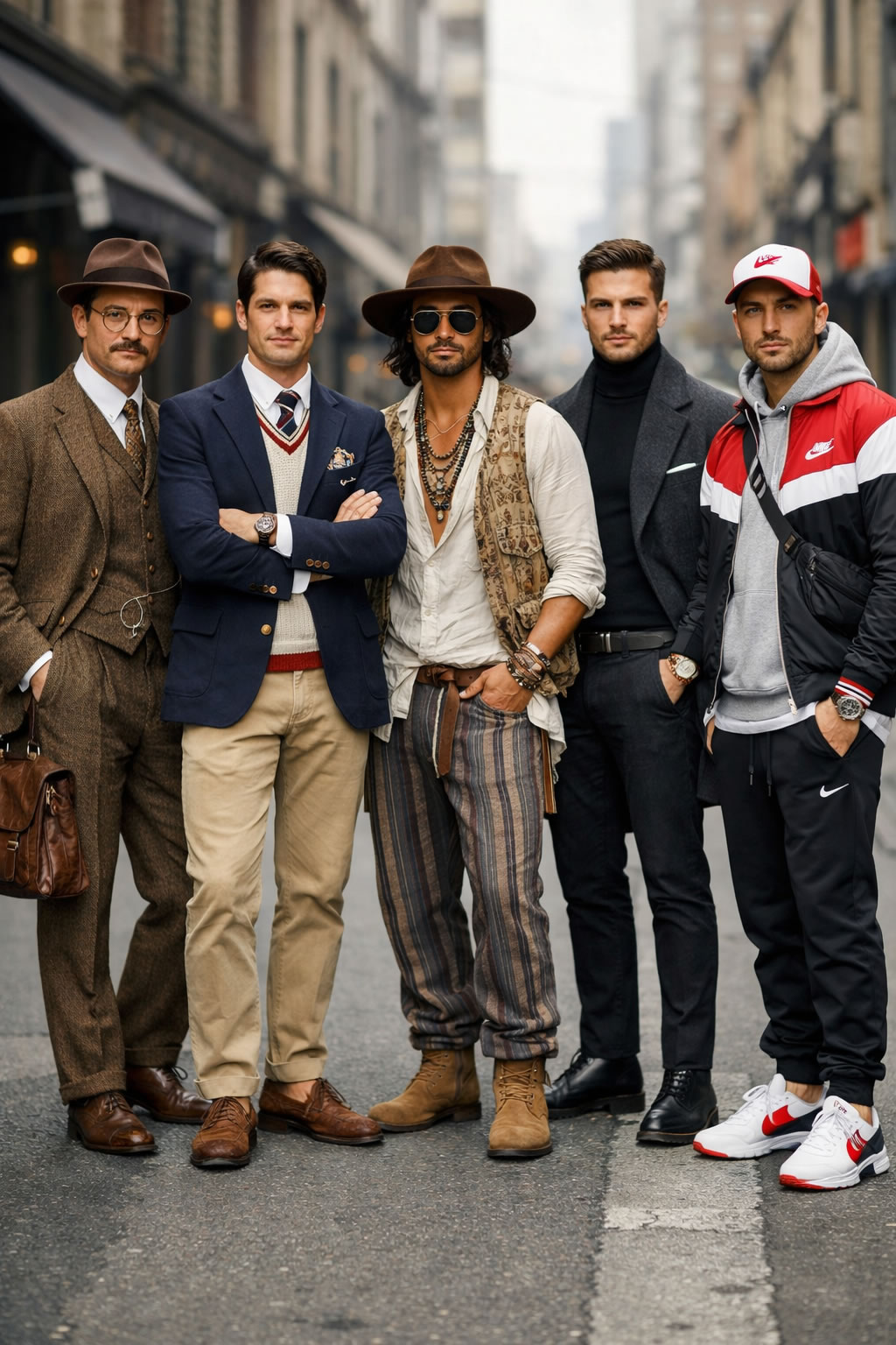 Hommes illustrant différents styles vestimentaires : vintage, preppy, bohème, chic urbain et sportswear