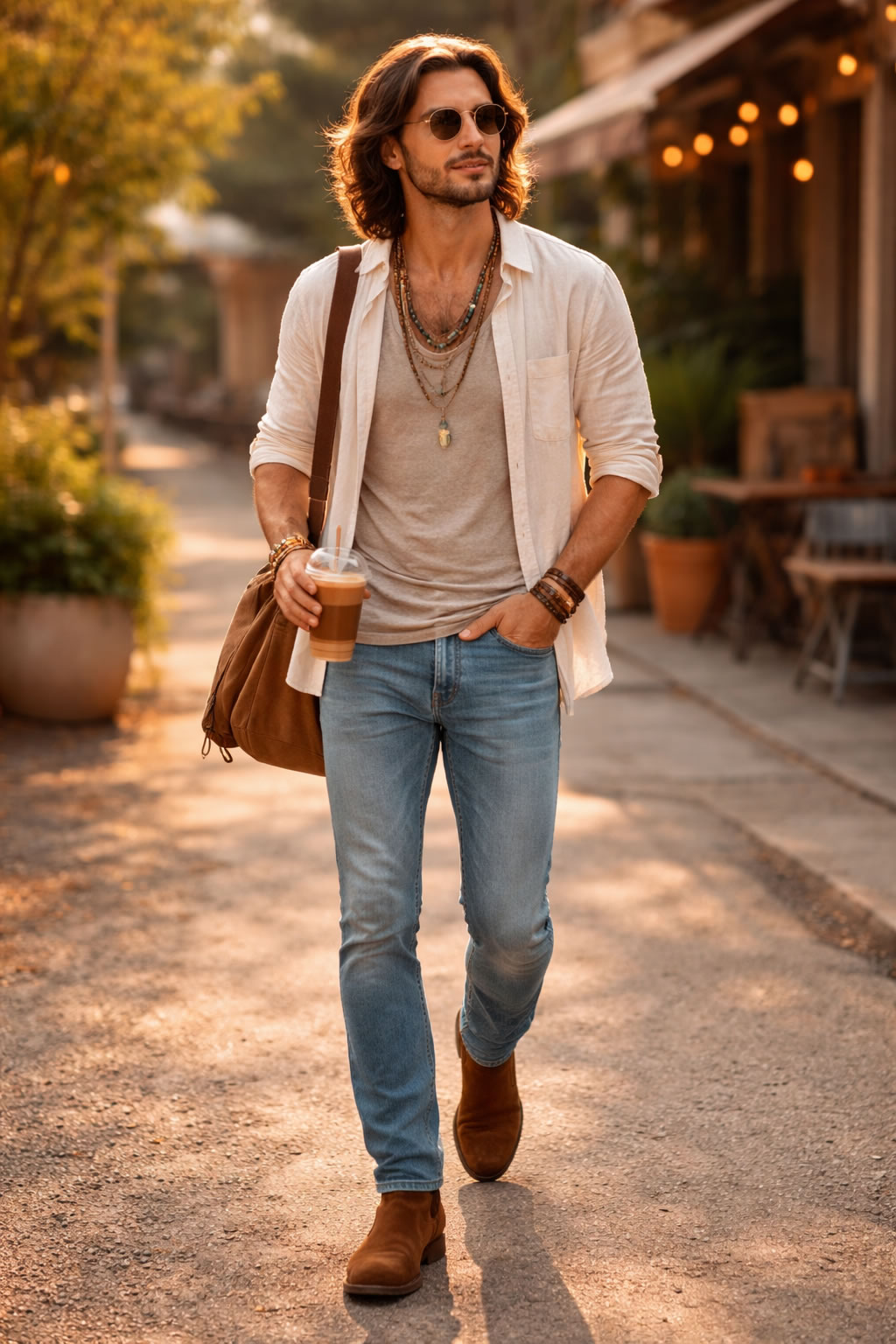 tenue hippie homme moderne jean chemise légère accessoires bohème