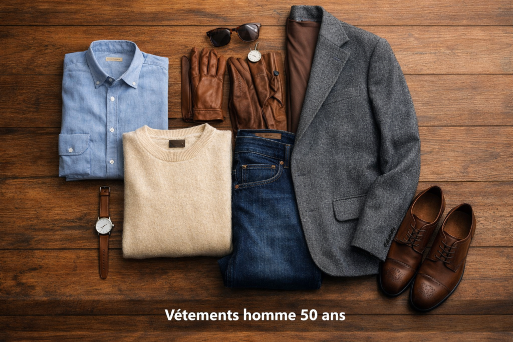 Vêtements homme 50 ans avec blazer gris, jean brut, pull en laine et chemise élégante