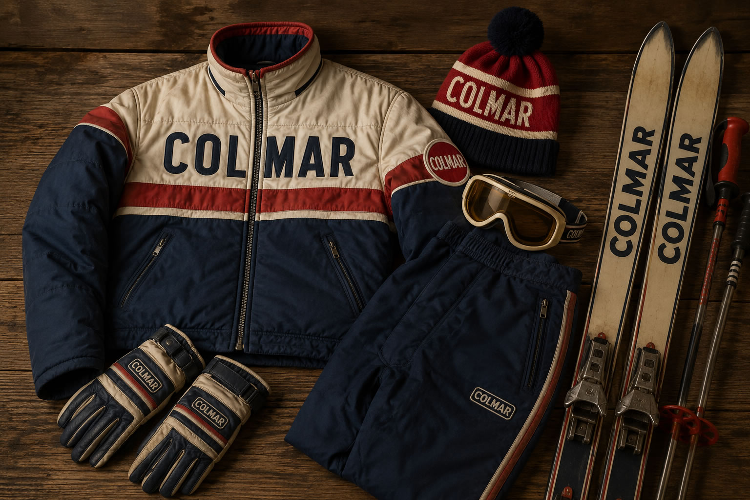 Ancien équipement de ski Colmar des années 1950 Illustration d'un ancien équipement de ski Colmar comprenant une veste, un pantalon, des gants, un bonnet, des skis et des bâtons de style vintage.
