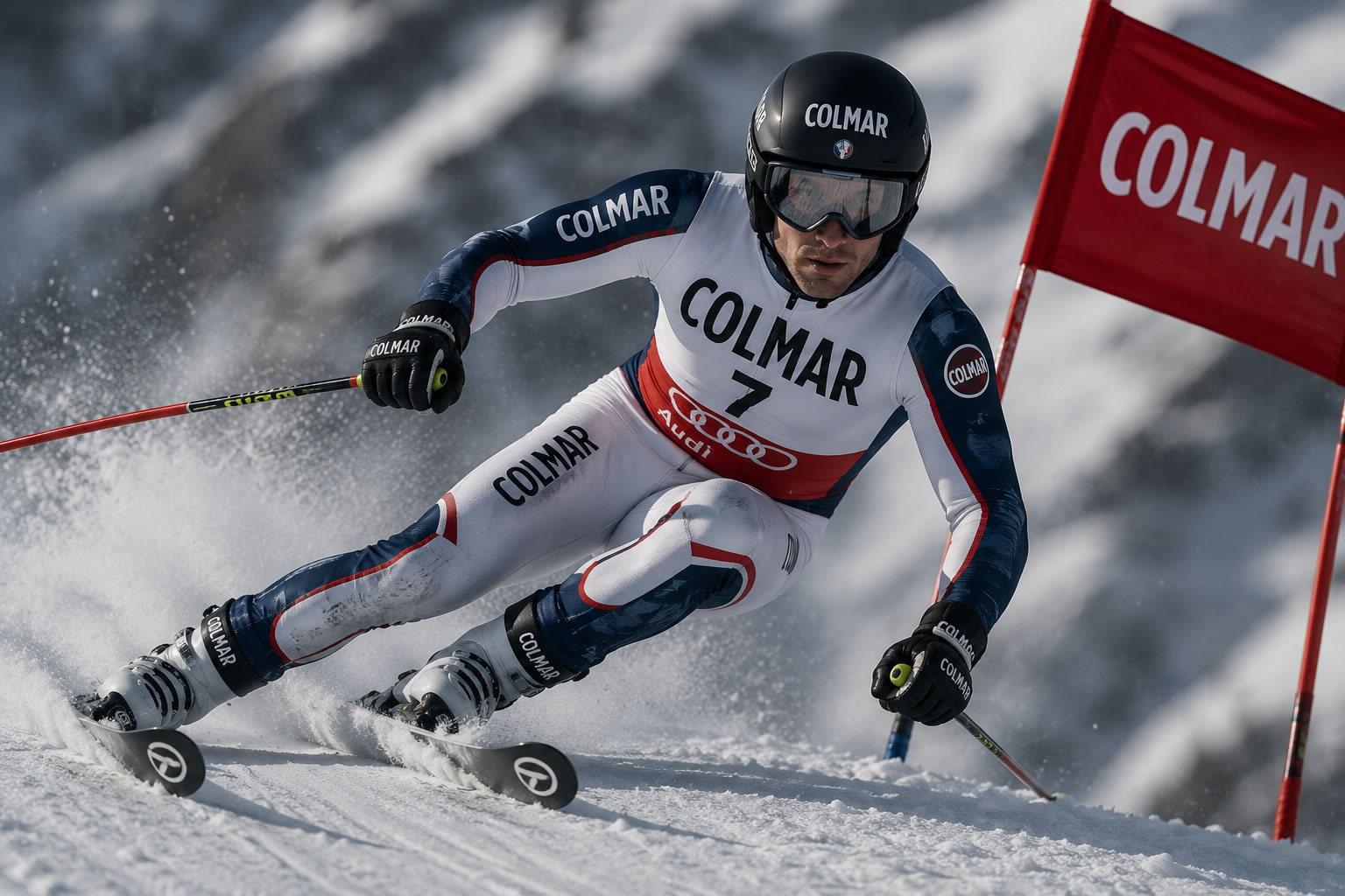 Athlète en combinaison de ski Colmar Illustration d'un skieur de compétition portant une combinaison technique Colmar lors d'une course de ski alpin.