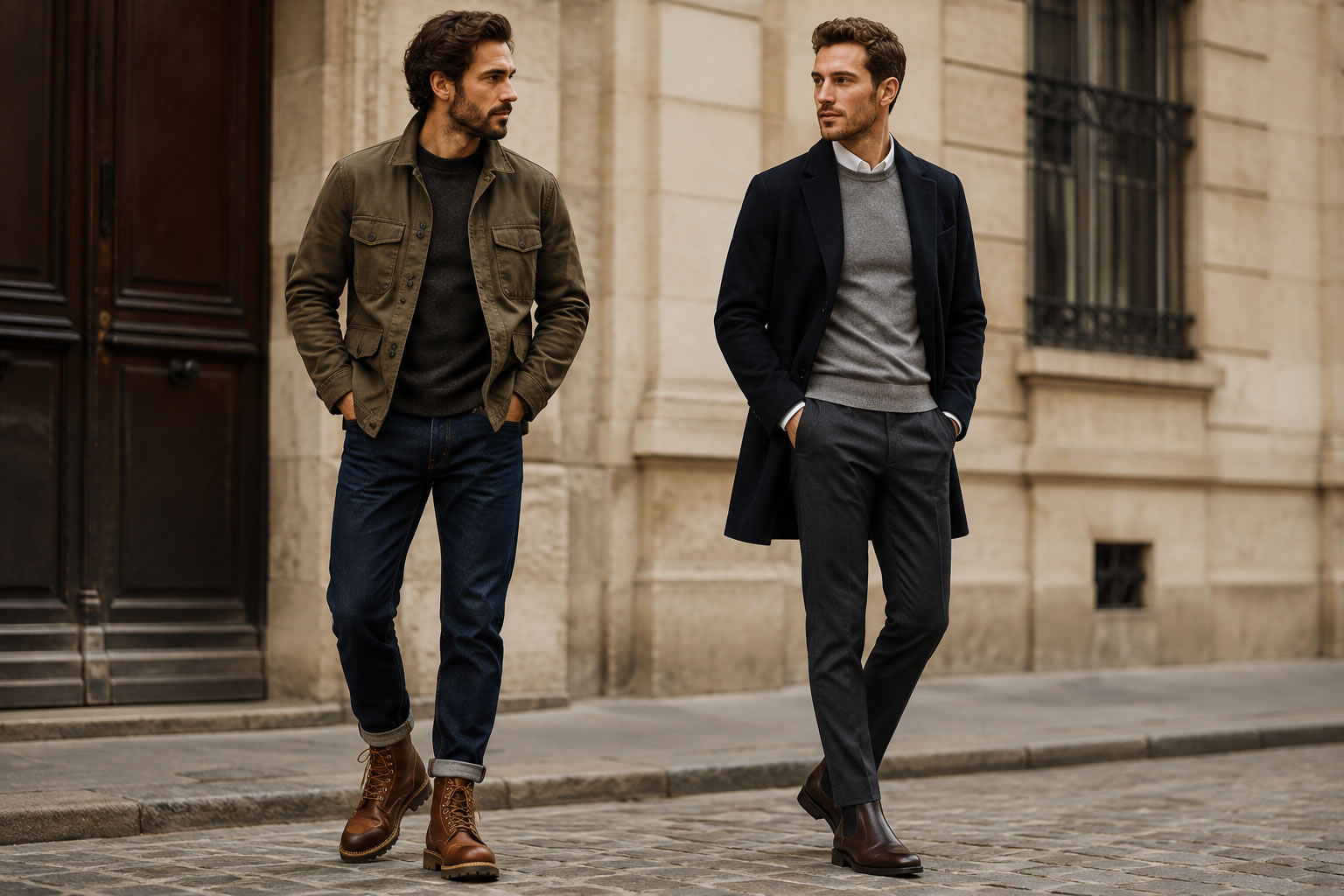 Boots et bottines homme : deux styles pour bien les différencier Deux hommes portant des boots robustes et des bottines élégantes pour illustrer leurs différences de style