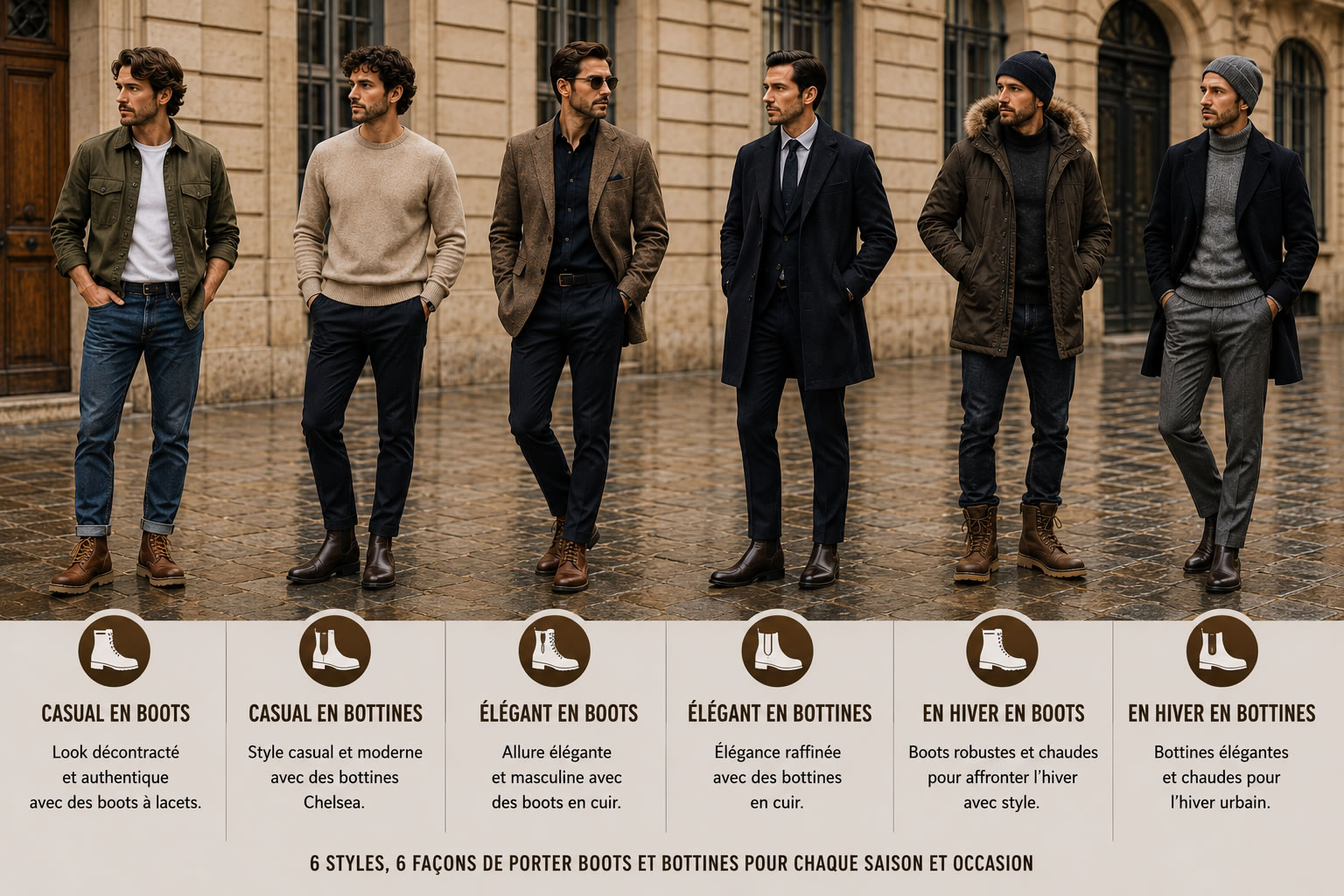 6 façons de porter des boots et bottines homme selon son style Six hommes portant des boots et bottines avec des tenues casual, élégantes et hivernales