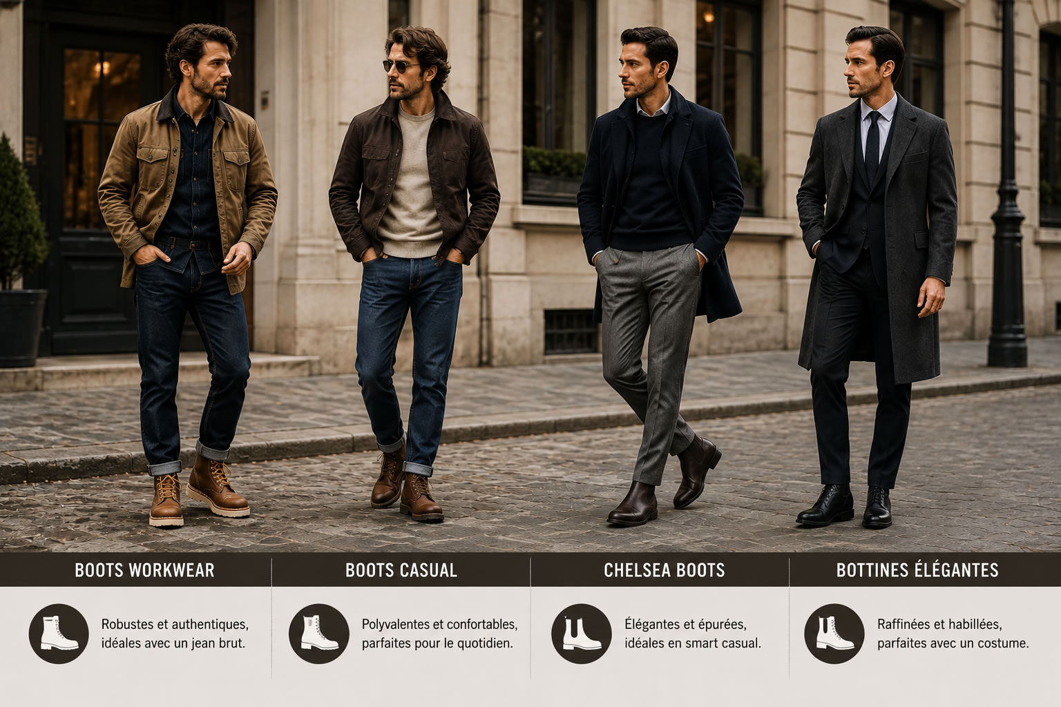 Boots et bottines homme : 4 styles pour bien les porter Quatre hommes portant des boots workwear, boots casual, Chelsea boots et bottines élégantes dans une même rue