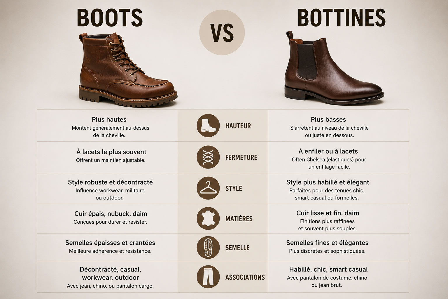 Boots vs bottines homme : les différences essentielles Infographie comparant boots et bottines homme selon la hauteur, la fermeture, le style, les matières, la semelle et les associations vestimentaires