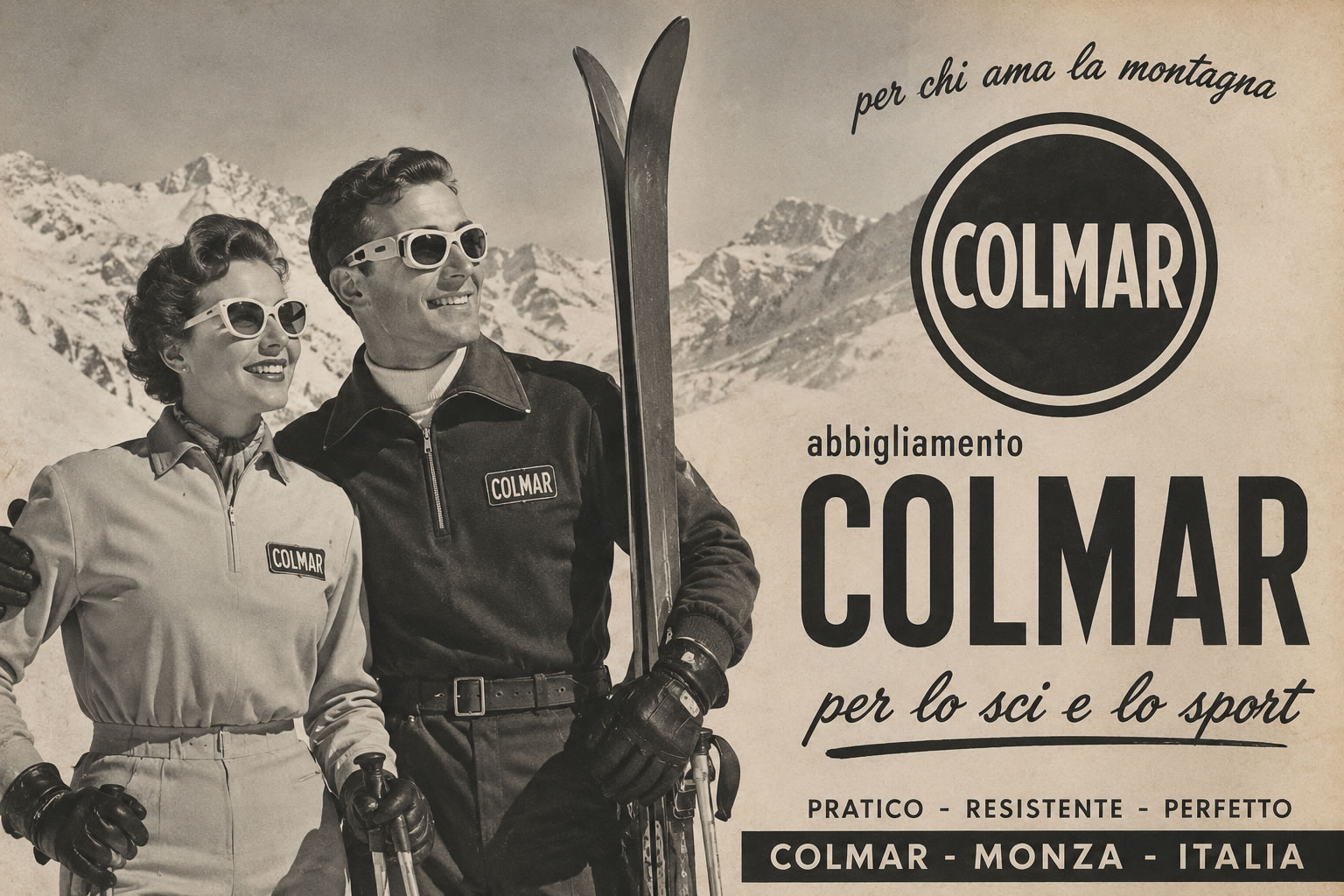Colmar dans les années 1950 : illustration vintage des vêtements de ski Illustration de style publicité des années 1950 montrant des skieurs portant des vêtements Colmar dans un décor de montagne enneigée.