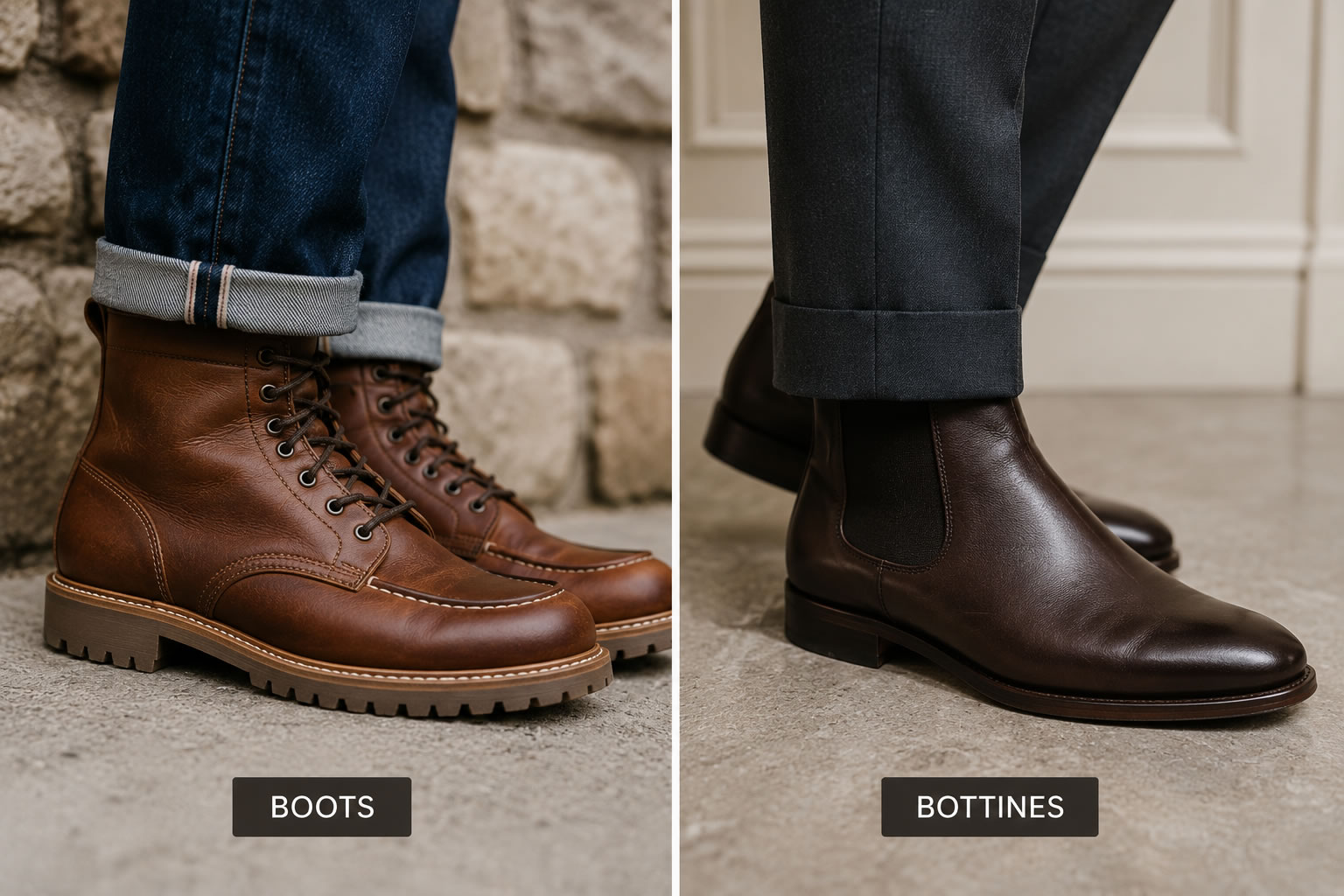 Boots vs bottines homme : comparaison visuelle Comparaison entre des boots homme robustes en cuir à lacets et des bottines Chelsea élégantes en cuir.
