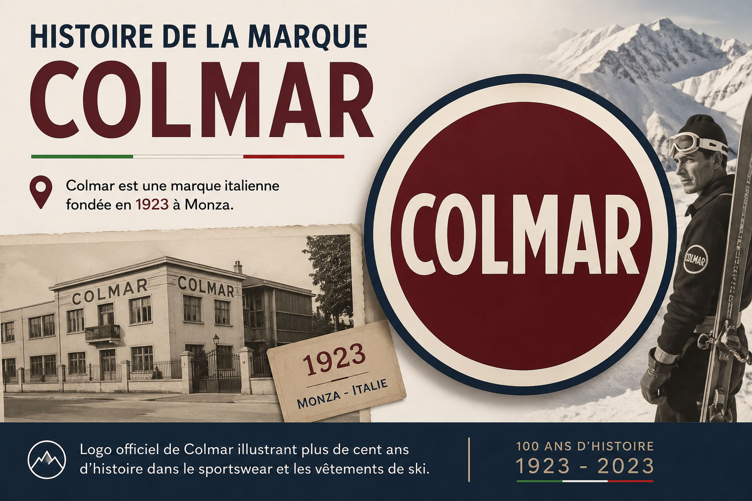 Histoire de la marque Colmar depuis 1923 Illustration retraçant l'histoire de la marque italienne Colmar, fondée en 1923 à Monza et spécialisée dans les vêtements de ski et le sportswear.