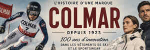 Illustration de couverture retraçant l'histoire de Colmar avec un skieur, des vêtements de ski, Monza et les grandes étapes de la marque italienne fondée en 1923.