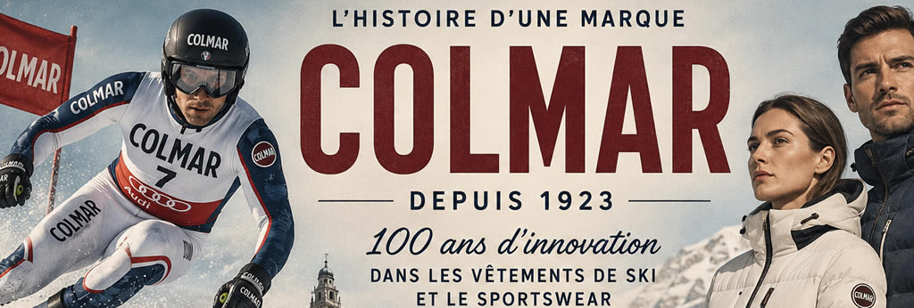 Illustration de couverture retraçant l'histoire de Colmar avec un skieur, des vêtements de ski, Monza et les grandes étapes de la marque italienne fondée en 1923.