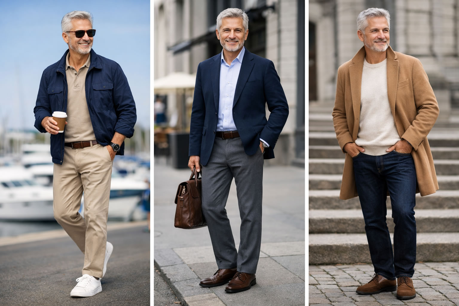 looks homme 60 ans tenues quotidiennes casual chic blazer chino jean manteau style élégant senior