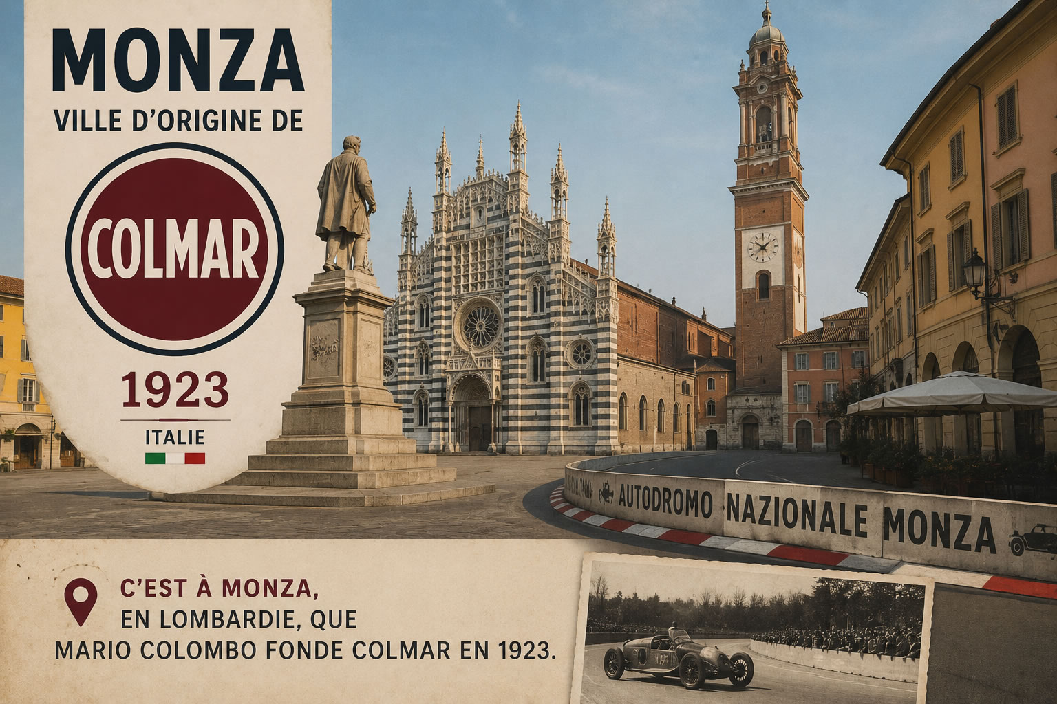 Monza, ville d'origine de la marque Colmar Illustration du centre historique de Monza en Lombardie, ville italienne où la marque Colmar a été fondée en 1923.