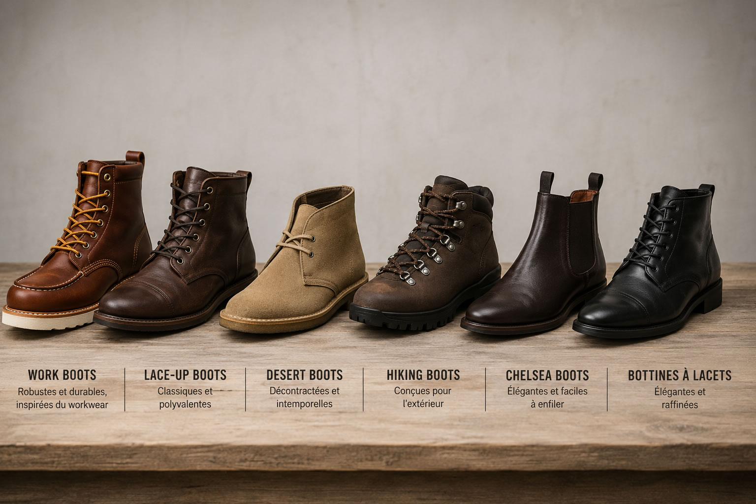 Les différents types de boots et bottines pour homme Comparaison de six modèles de boots et bottines homme : work boots, boots à lacets, desert boots, hiking boots, Chelsea boots et bottines à lacets
