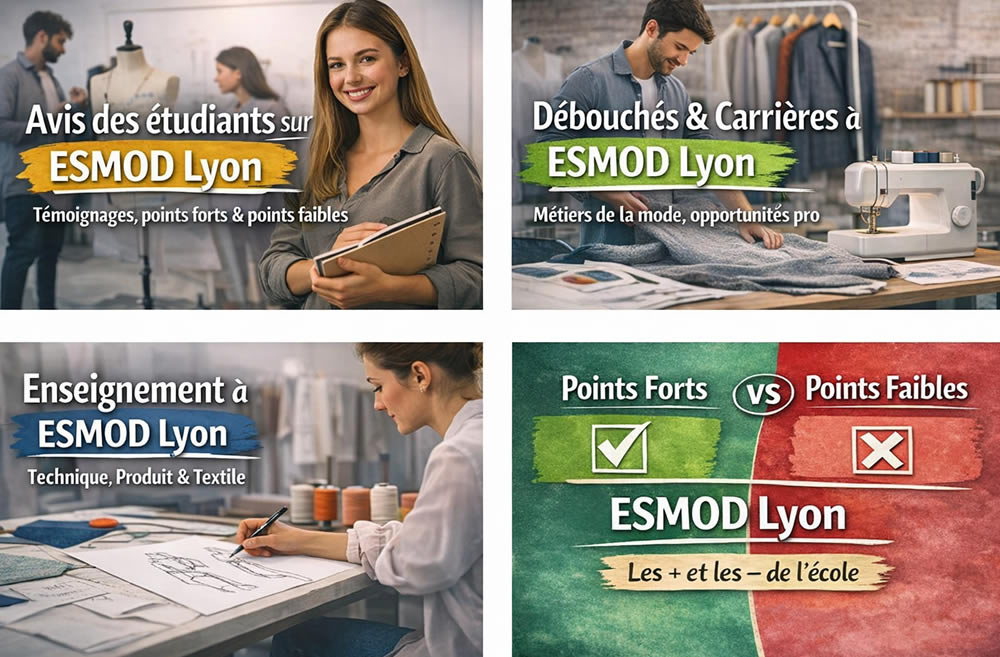 Montage visuel ESMOD Lyon présentant les avis étudiants, l’enseignement, les débouchés et les points forts et faibles de l’école de mode à Lyon