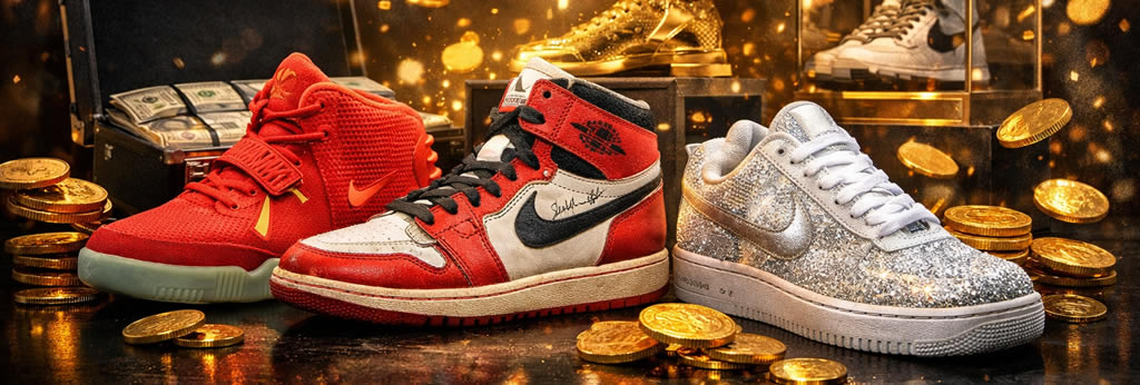 Sneakers de luxe parmi les plus chères du monde avec Air Jordan, Nike Air Yeezy et modèle incrusté de diamants sur fond de richesse et d’or
