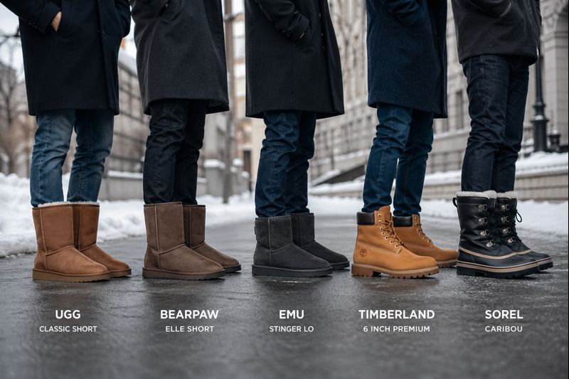 Comparatif de bottes d’hiver pour homme similaires aux UGG avec modèles Bearpaw, Emu, Timberland et Sorel en milieu urbain