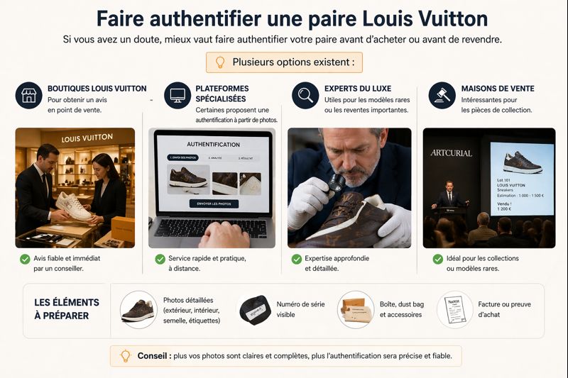 Comment faire authentifier une paire de baskets Louis Vuitton : boutique, expert, plateforme ou maison de vente