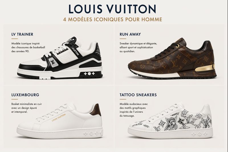 Comparatif de baskets Louis Vuitton homme avec modèles LV Trainer, Run Away, Luxembourg et Tattoo Sneakers