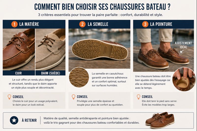 comment bien choisir chaussures bateau homme matière cuir daim semelle caoutchouc pointure guide
