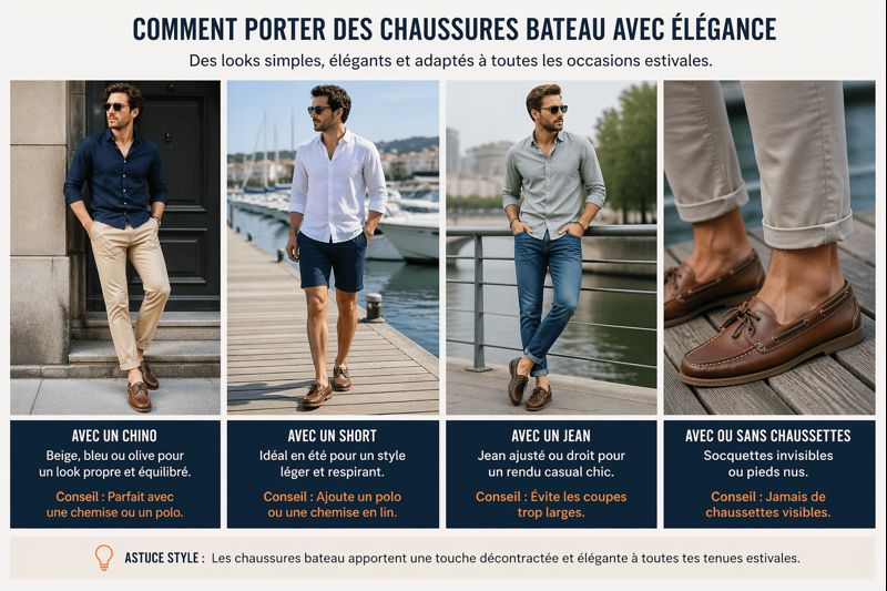 homme portant des chaussures bateau avec chino, short et jean dans différents looks élégants casual chic été