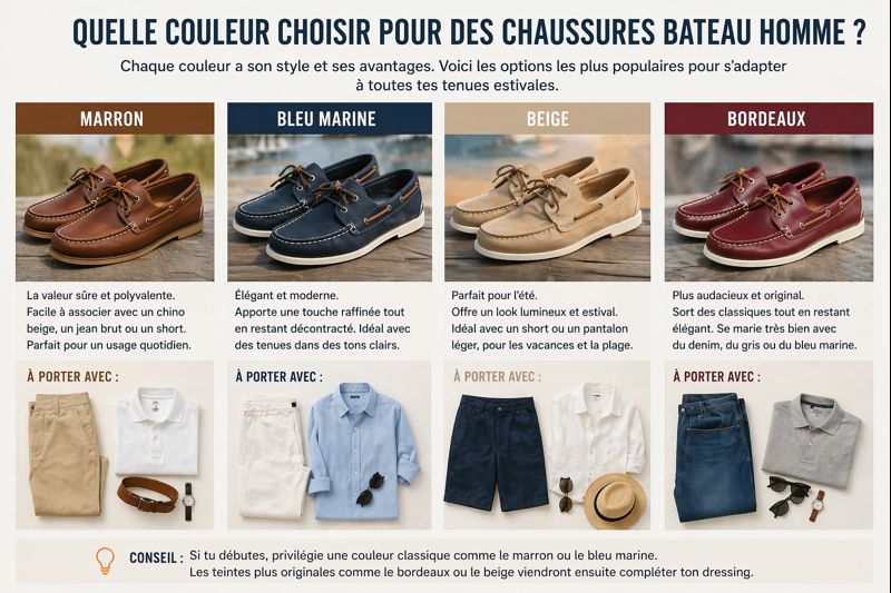 comparatif couleurs chaussures bateau homme marron bleu marine beige bordeaux style et associations tenues été