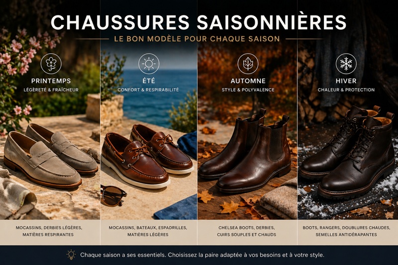 Chaussures saisonnières homme : modèles adaptés au printemps, été, automne et hiver